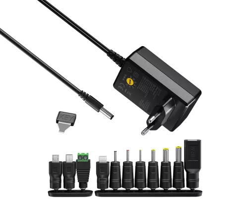 Universal power supply, 3V-12V, 2,25A,max. 27 Watt incl. 11 different adapters, black, DINIC box with Euro hole. adapters, black, DINIC box with Euro hole